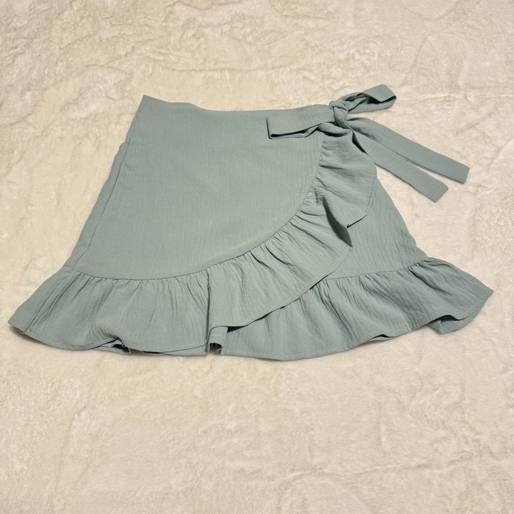 Pink Lily Boho Sz Small Green Pink Crepe Above Knee Short Wrap Skirt Wrap & Tie